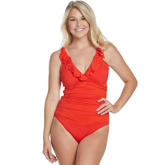 LAUREN RALPH LAUREN Ruffle One Piece Size 4 Red Beach Club Solids NWT - Picture 1 of 13
